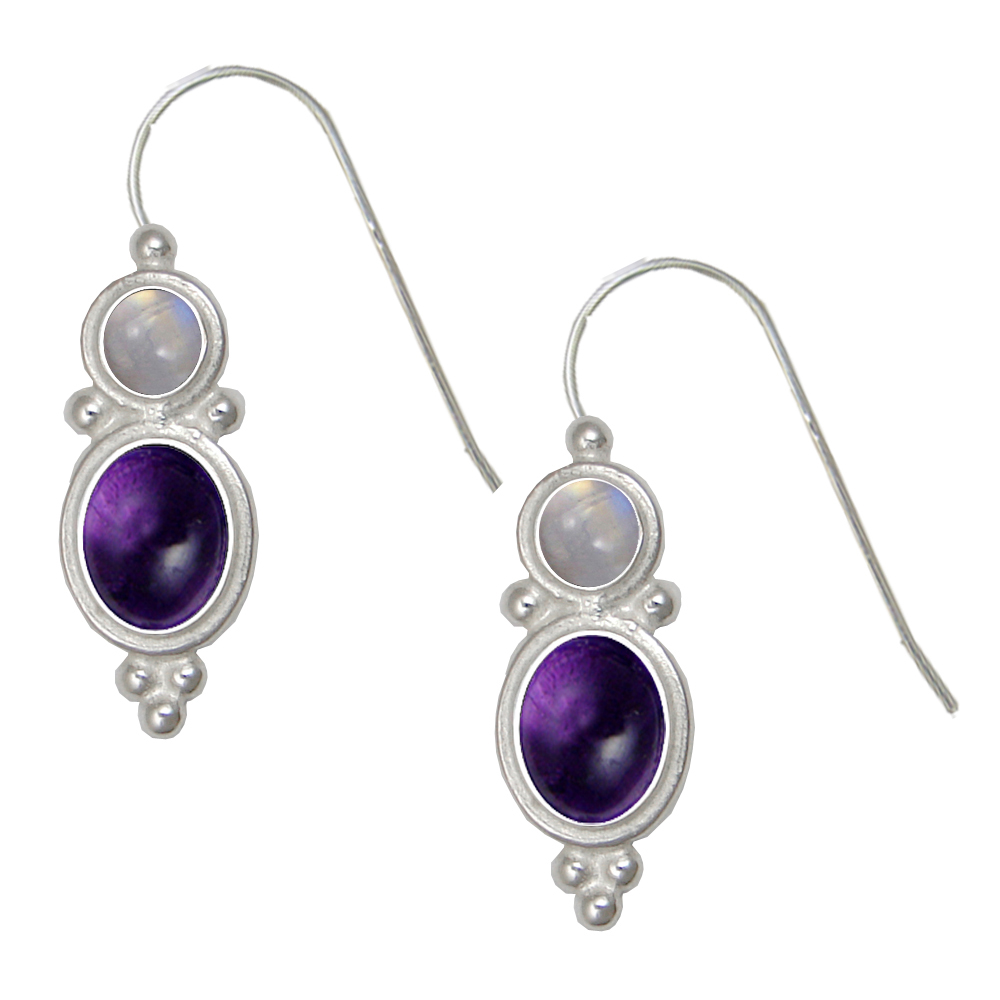 Sterling Silver Drop Dangle Earrings Amethyst And Rainbow Moonstone